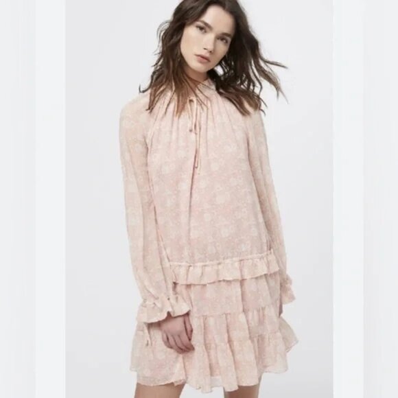Rebecca Minkoff Dress Dyan Drop Waist Pink White Floral Ruffles Womens X Small - Picture 1 of 15